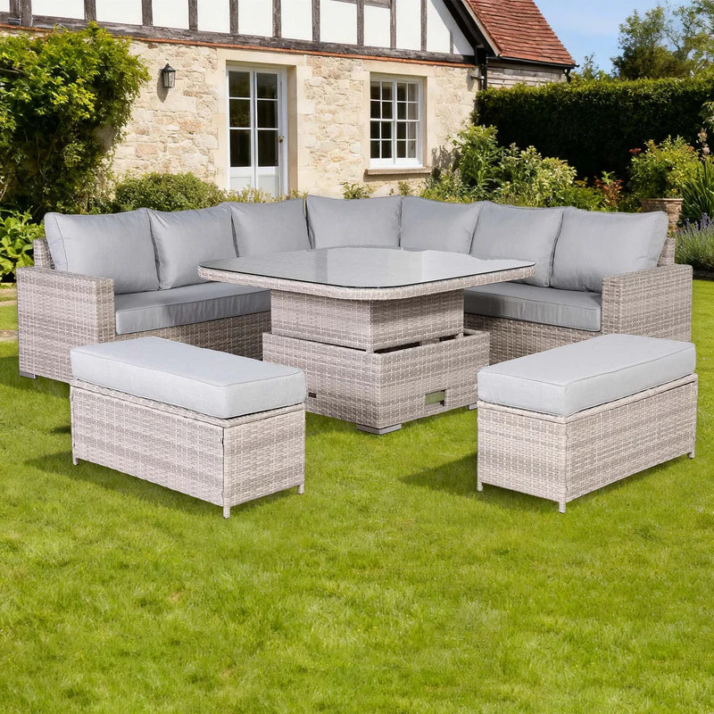 Large equal corner rattan dining set lifestyle view