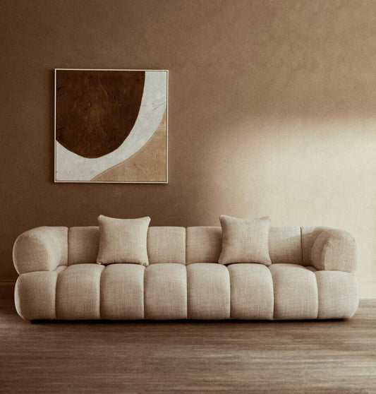 Cream Linen 3 Seater Curved Sofa