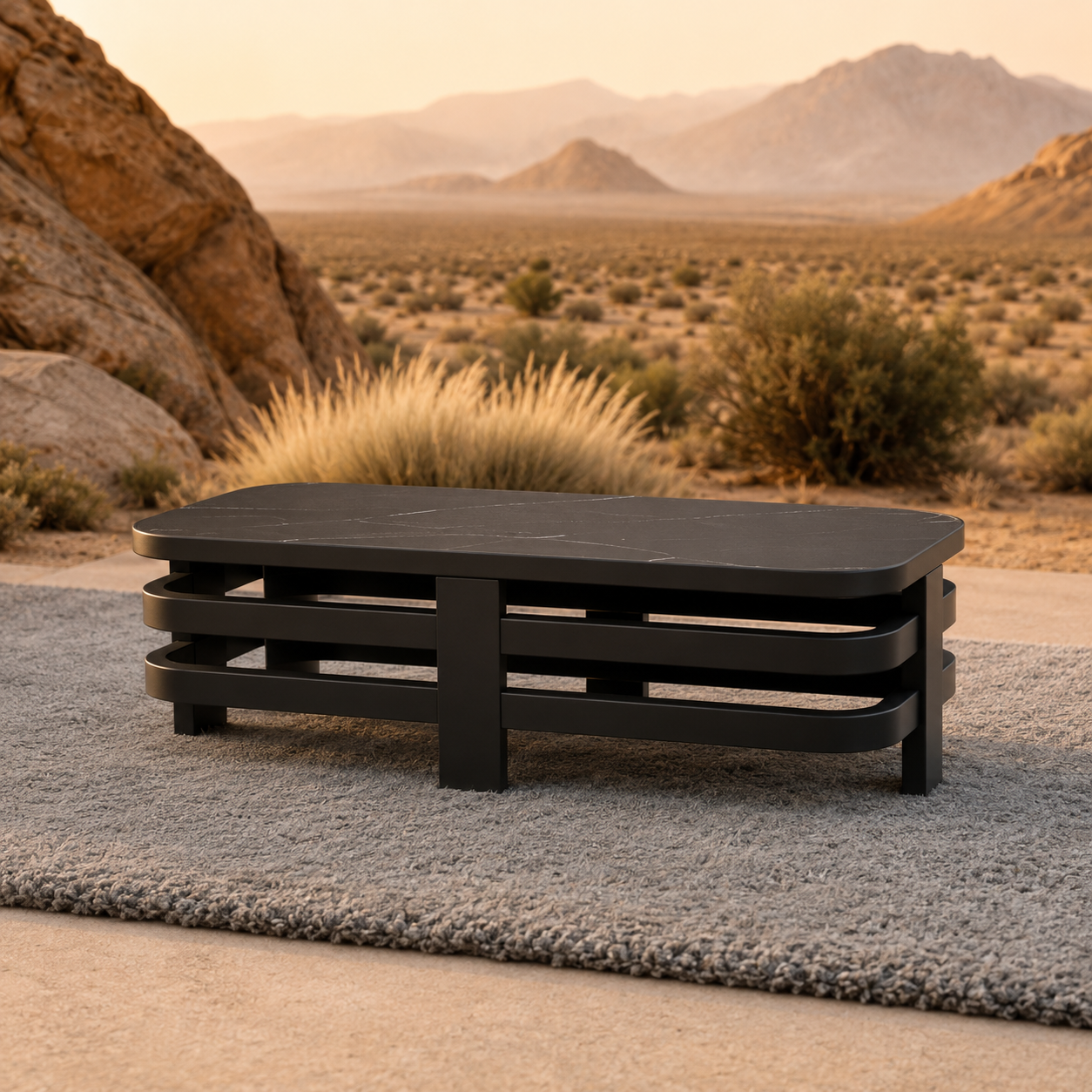 Andros Outdoor Lounge Set coffee table lifestyle image in onyx