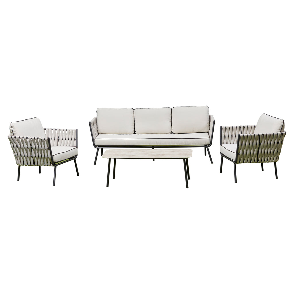 Grey aluminium and rope outdoor lounge set with sofa armchairs and coffee table