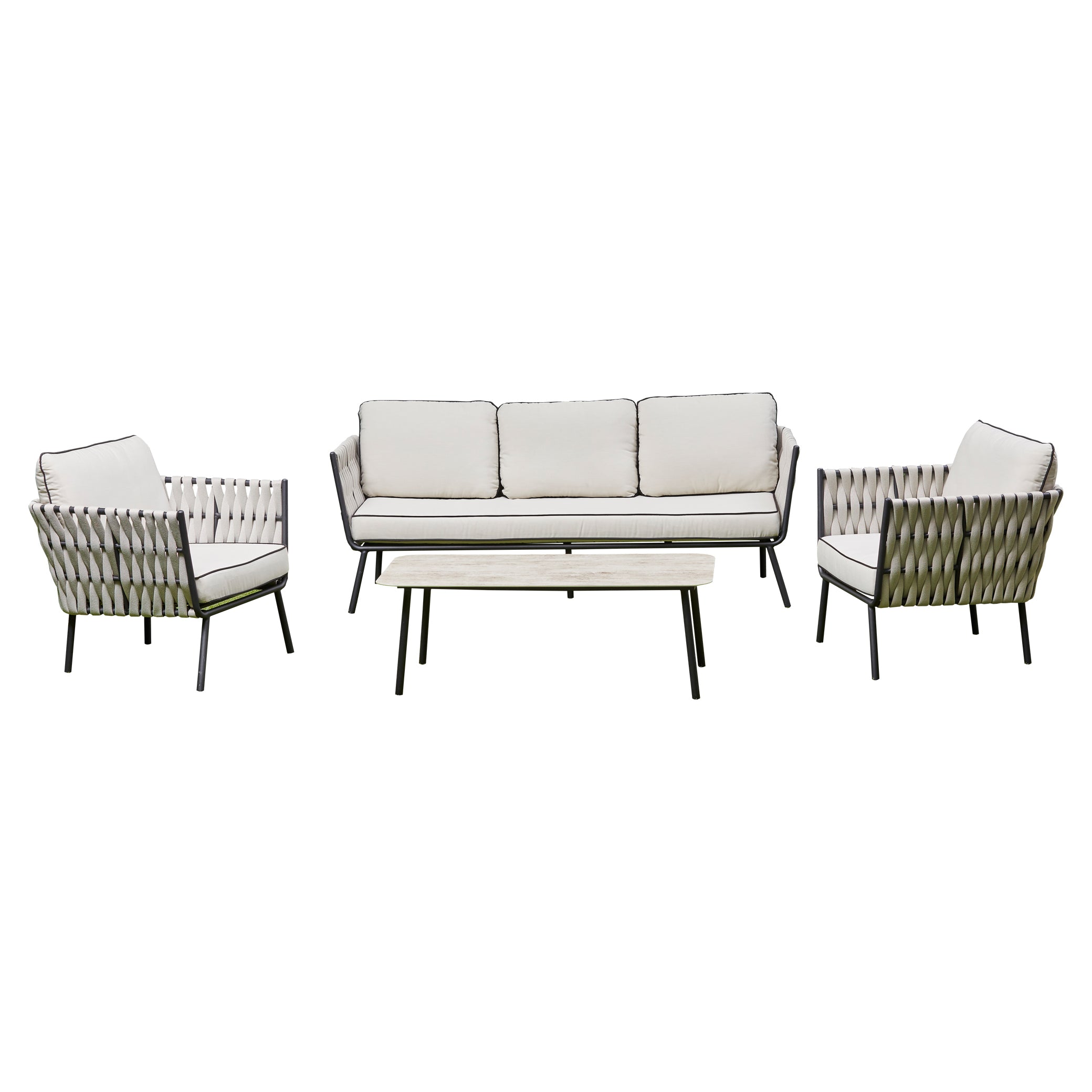 Grey aluminium and rope outdoor lounge set with sofa armchairs and coffee table