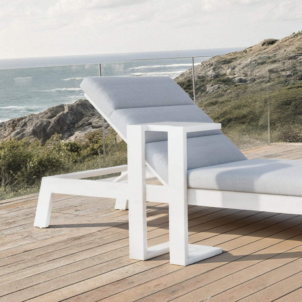Dasia Outdoor Sun Lounger white fabric and frame close up image