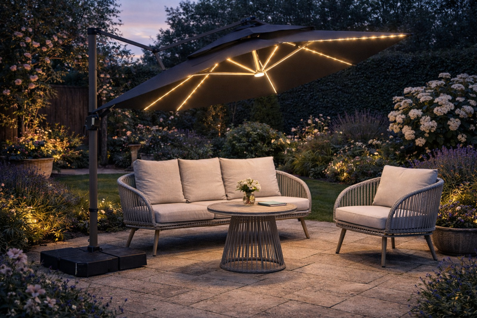 Camber 3m Cantilever Parasol solar LED lights evening lifestyle image