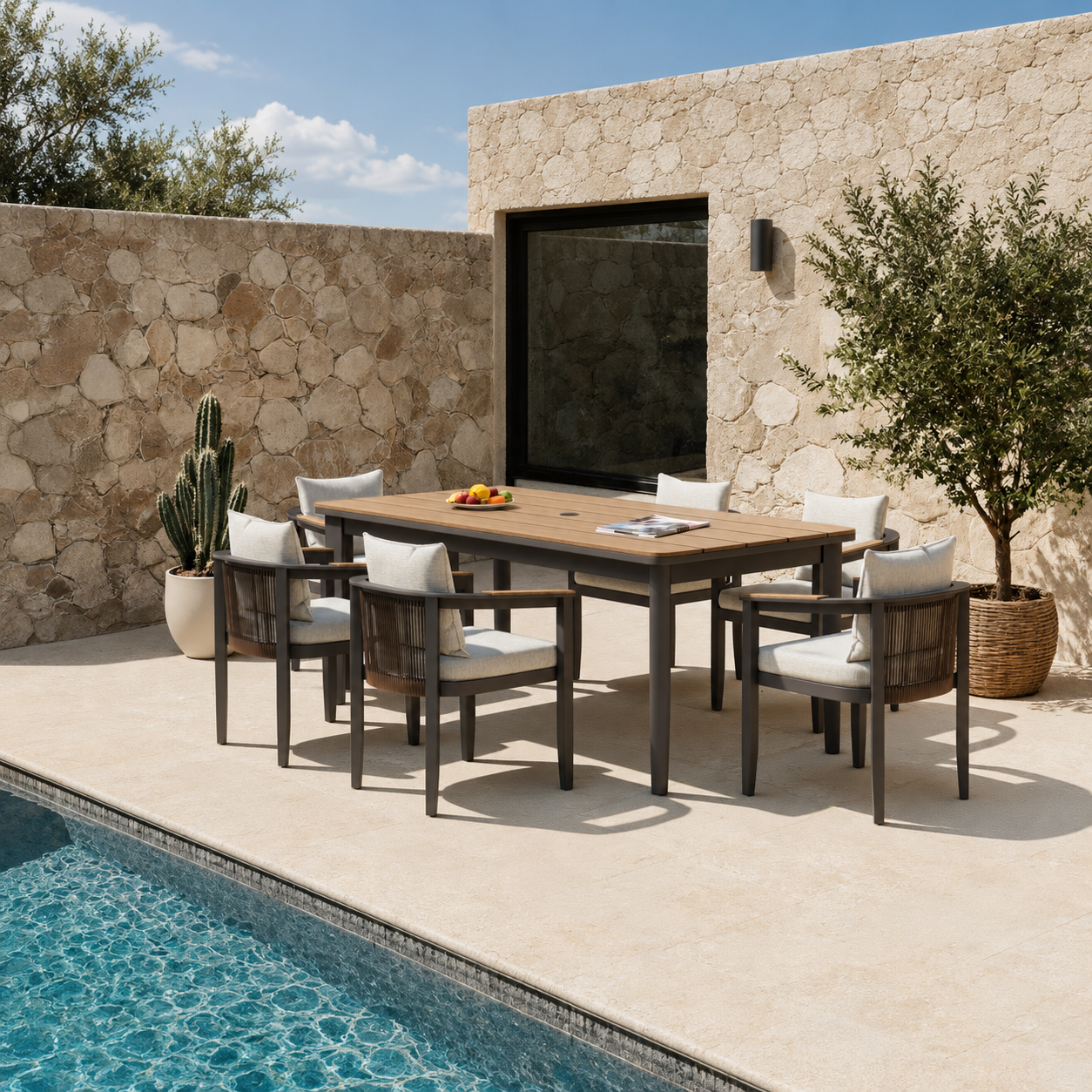 Hemera wood effect 6 seater outdoor dining set garden furniture