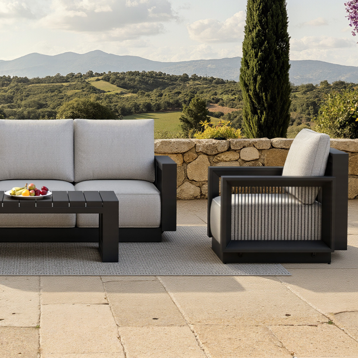 Ikos Outdoor Lounge Set onyx rope and cushion close up image