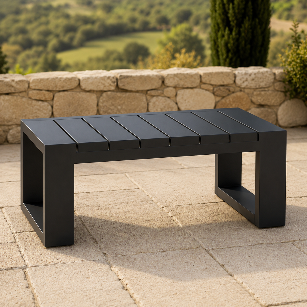 Ikos Outdoor Lounge Set coffee table lifestyle image in onyx