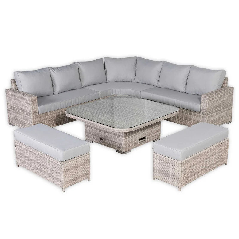 Large equal corner rattan dining set with rising table outdoor garden furniture