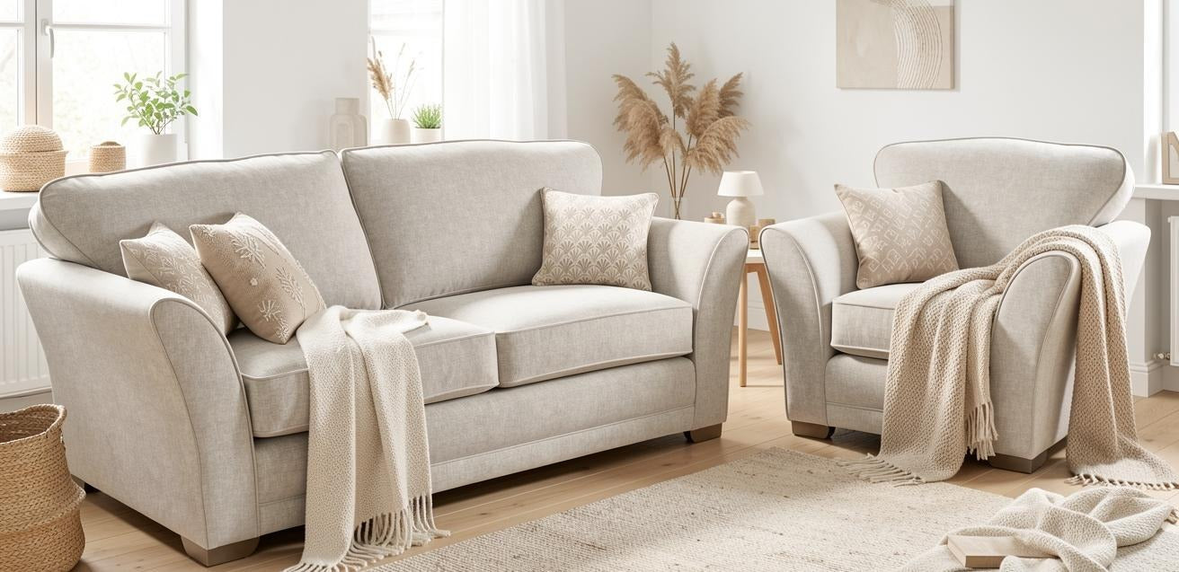 Ashton fabric sofa range in neutral living room with 3 seater sofa and armchair