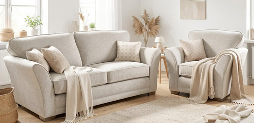Ashton fabric sofa range in neutral living room with 3 seater sofa and armchair