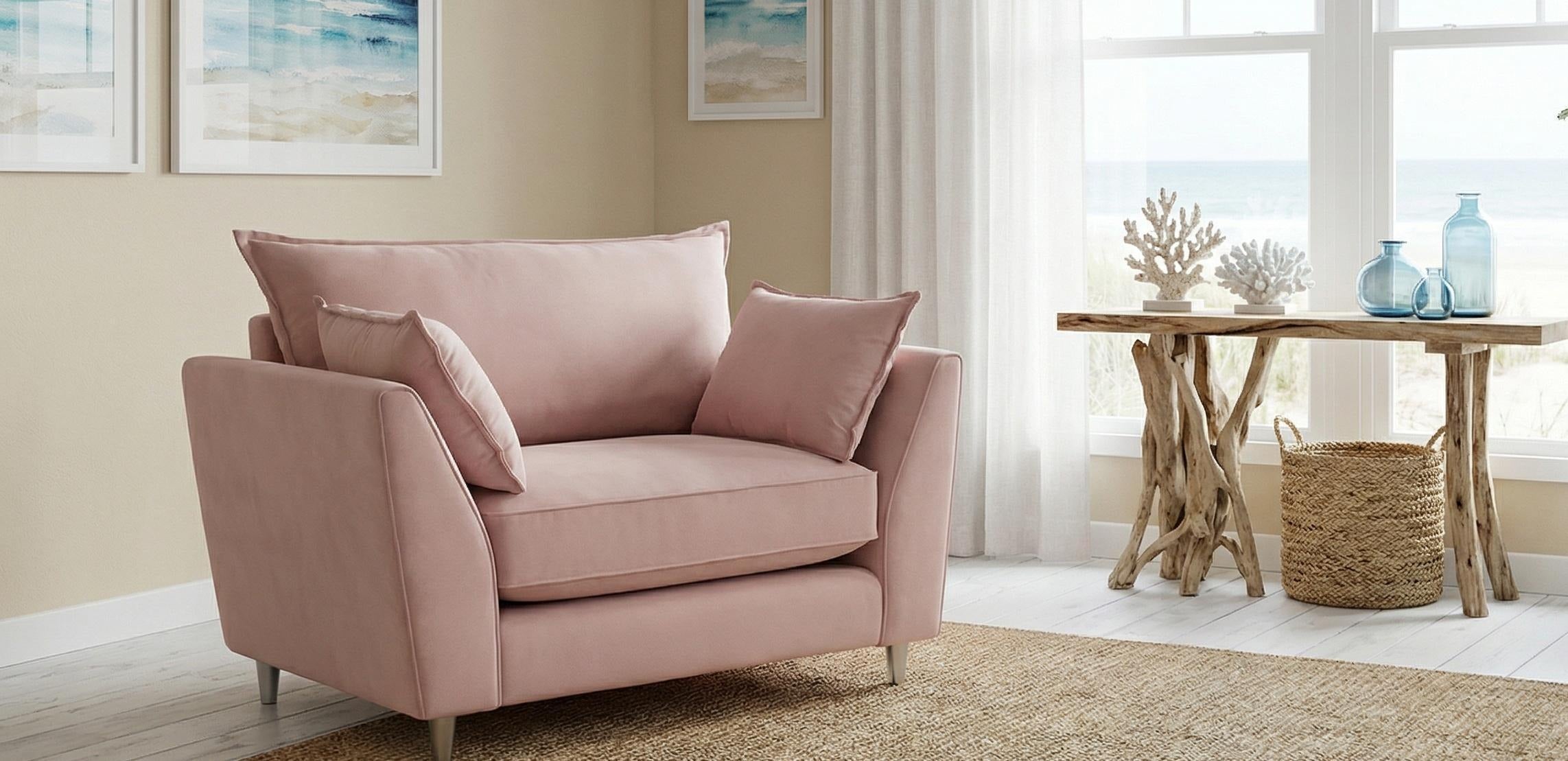 Cleo pillow back fabric sofa range with soft neutral cushions