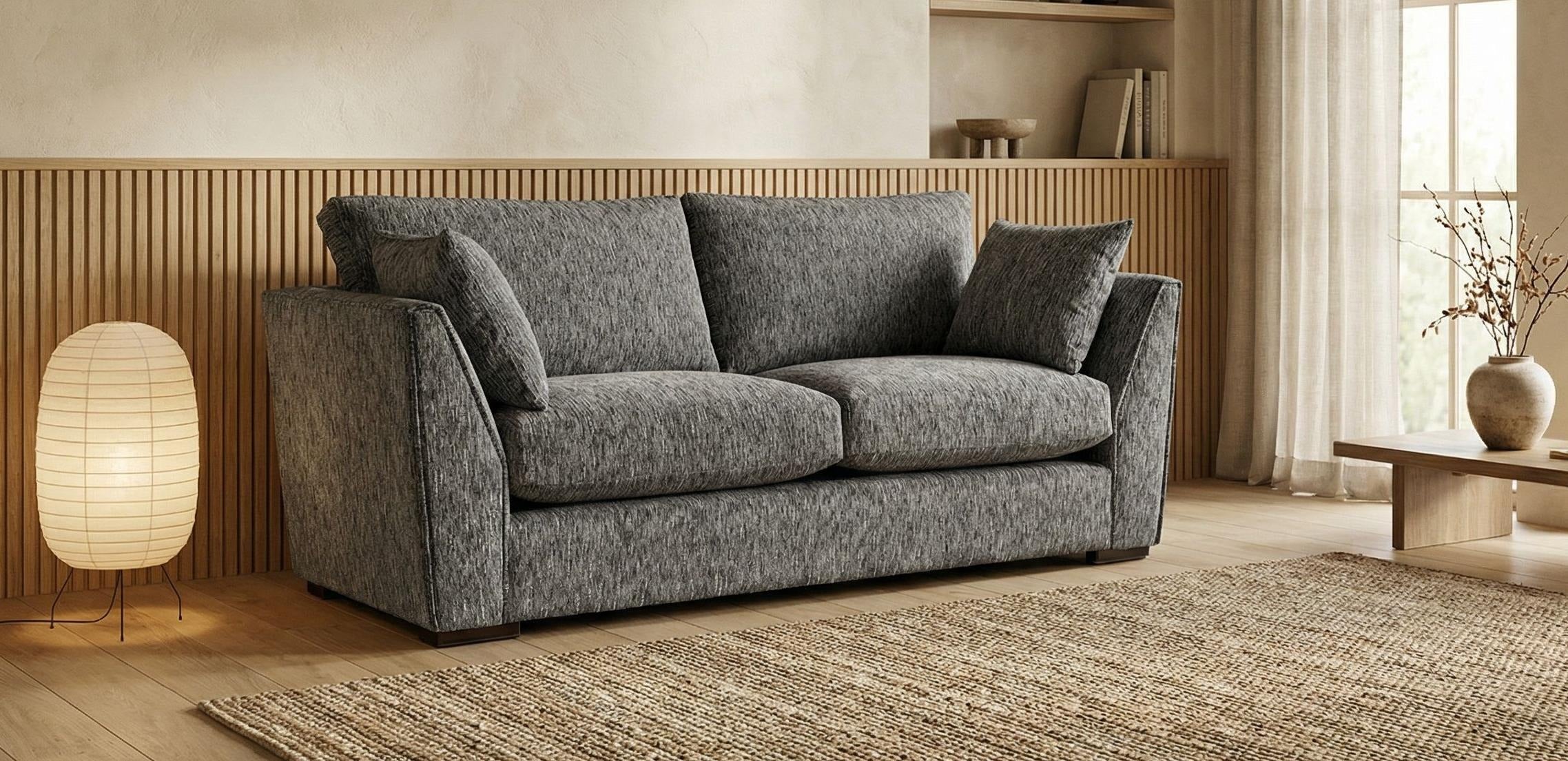 Comfy deep base fabric sofa range with neutral cushions