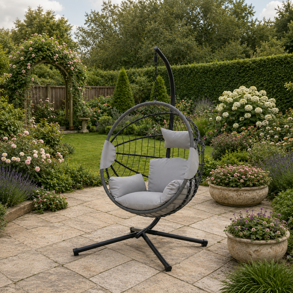 Hanging Egg Chair light grey indoor outdoor lifestyle image