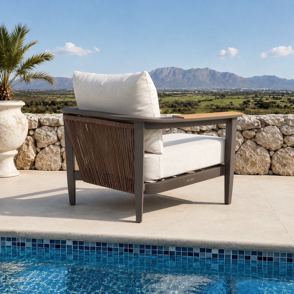 Hemera outdoor lounge chair wood effect back detail