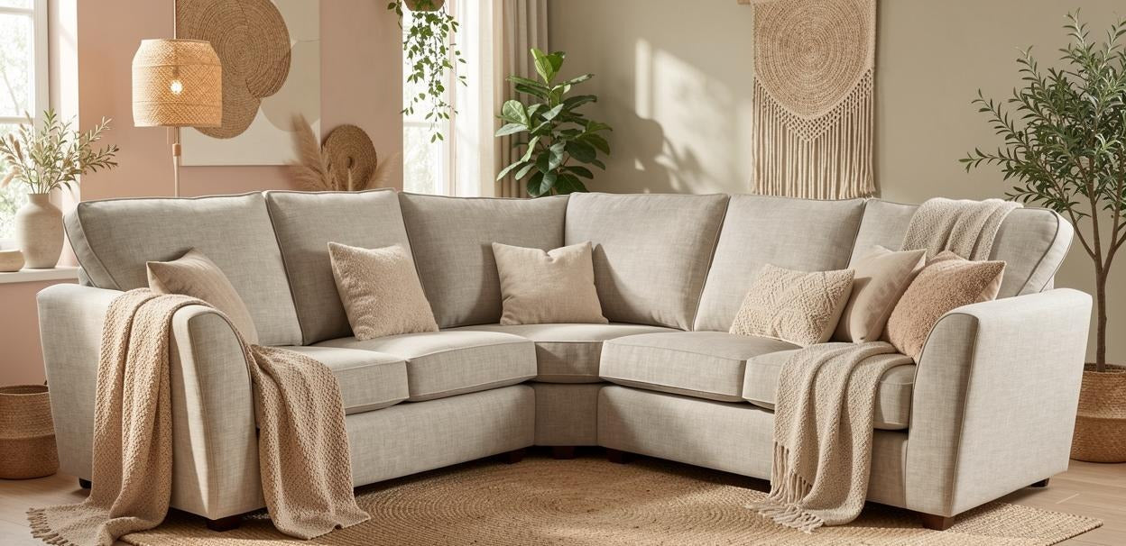 Newbury corner sofa in neutral fabric with scatter cushions
