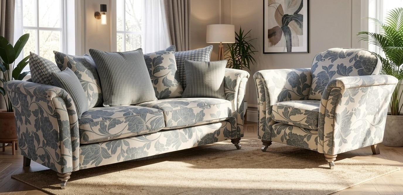 York fabric sofa range with neutral cushions in a living room